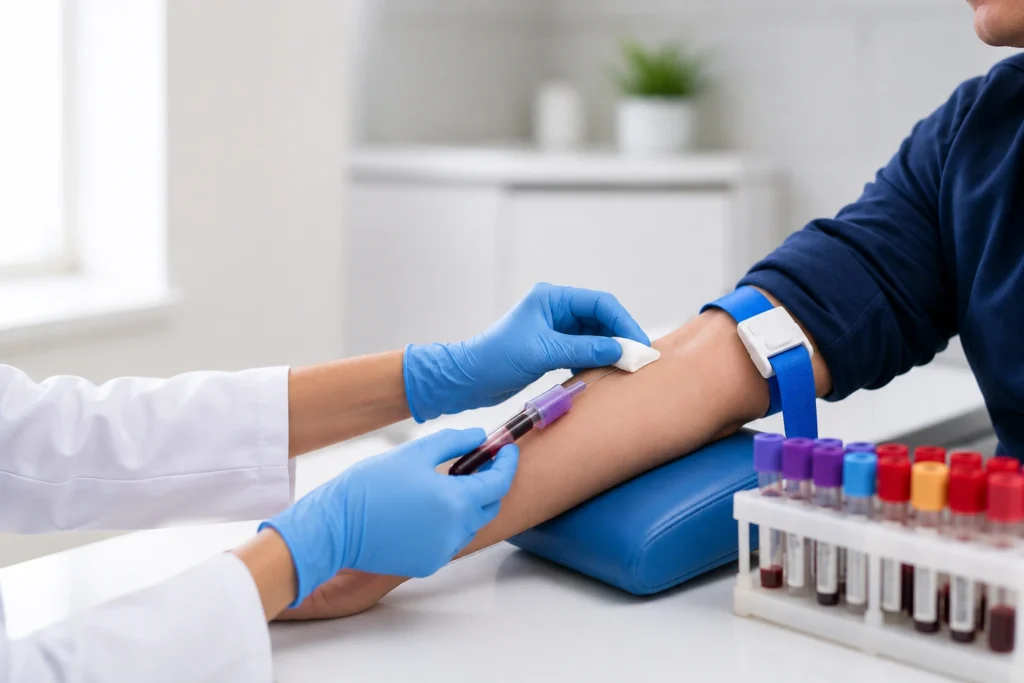 Healthcare professional performing a blood test by drawing blood from a patient’s arm in a clinical setting